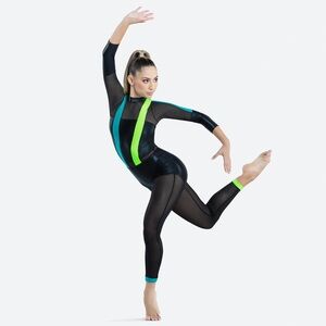 Revolution Electric Touch Black Dance Leotard with Neon Green & Teal Accents